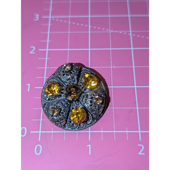 Vintage Citrine & Brown Czech Glass Silver Tone Filigree Brooch